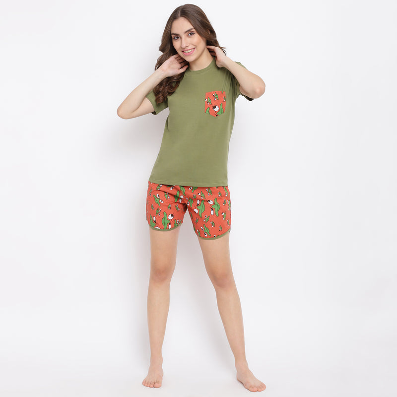La Intimo Platypus Perk Olive Boxer Shorts & Printed T-Shirt Set