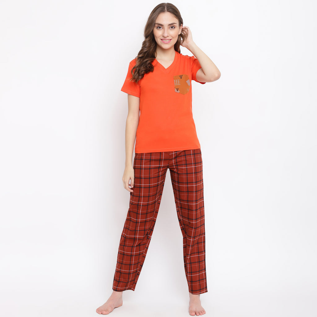 La Intimo Cute Checks Pyjama & Orange T-Shirt Set