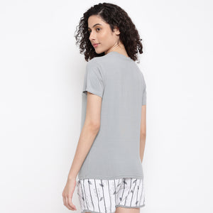 La Intimo Feather Free Print Shorts & Grey T-Shirt Set