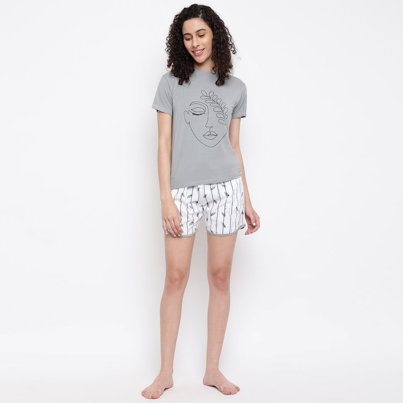 La Intimo Feather Free Print Shorts & Grey T-Shirt Set